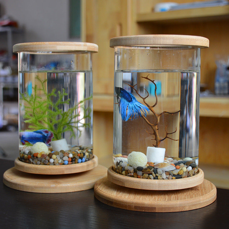 Bamboo Base Mini Fish Tank Decoration Fish Bowl